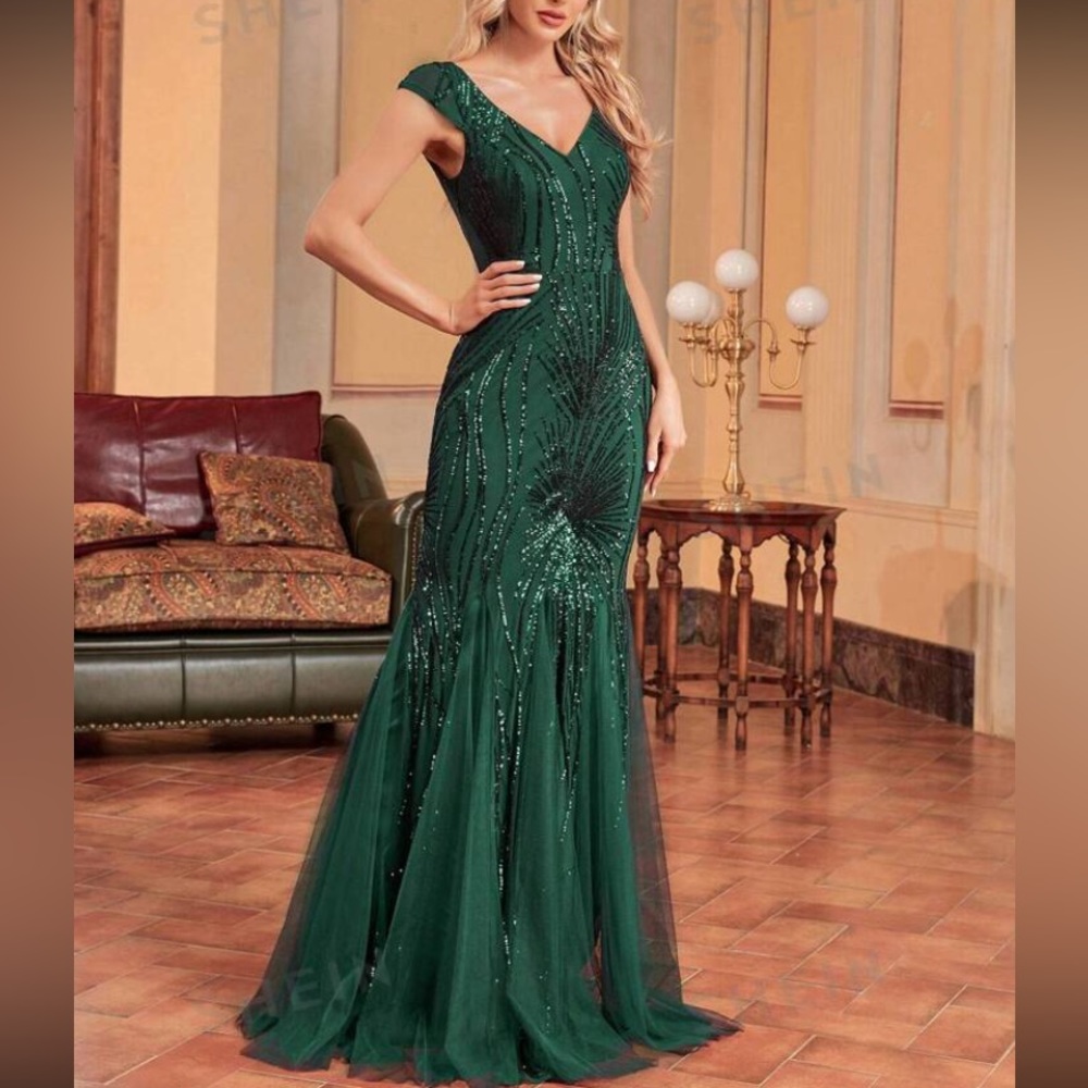Luxe mermaid hem mesh sequins party formal dress - Picture 7 of 10